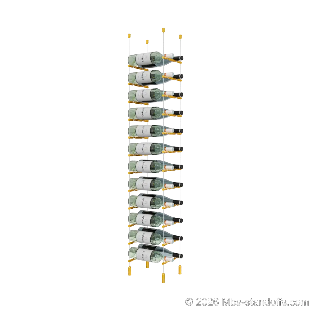 Merlot - Napa Collection Bottle Display Peg Kit With "O" Ring, 24-Bottle (2x12) Capacity, Floating Cable System, Pegs: 1/2″ × 7-1/2" with Gold Anodized Finish