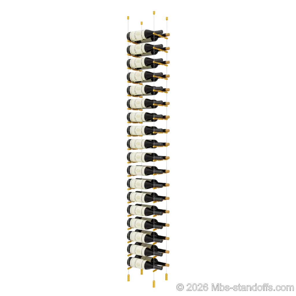Merlot - Napa Collection Bottle Display Peg Kit With "O" Ring, 36-Bottle (2x18) Capacity, Floating Cable System, Pegs: 1/2″ × 7-1/2" with Gold Anodized Finish