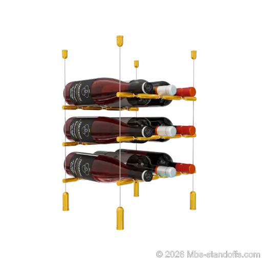 [ACG1904G-PCWR3050G-K3] Merlot - Napa Collection Bottle Display Peg Kit With "O" Ring, 9-Bottle (3x3) Capacity, Floating Cable System, Pegs: 1/2″ × 11-1/2" with Gold Anodized Finish
