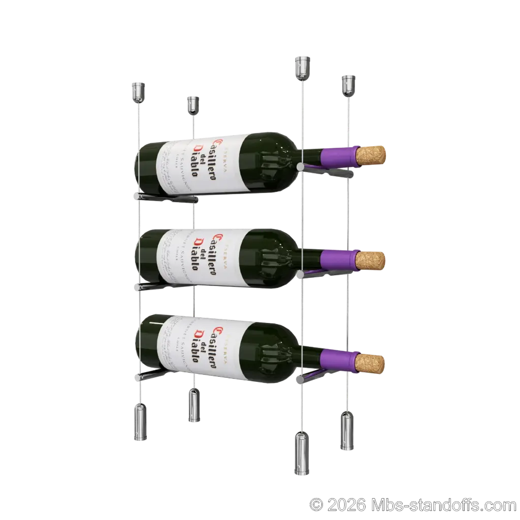 Merlot - Napa Collection Bottle Display Peg Kit, 3-Bottle Capacity, Floating Cable System, Pegs: 1/2″ × 6" with Chrome Mirror Finish
