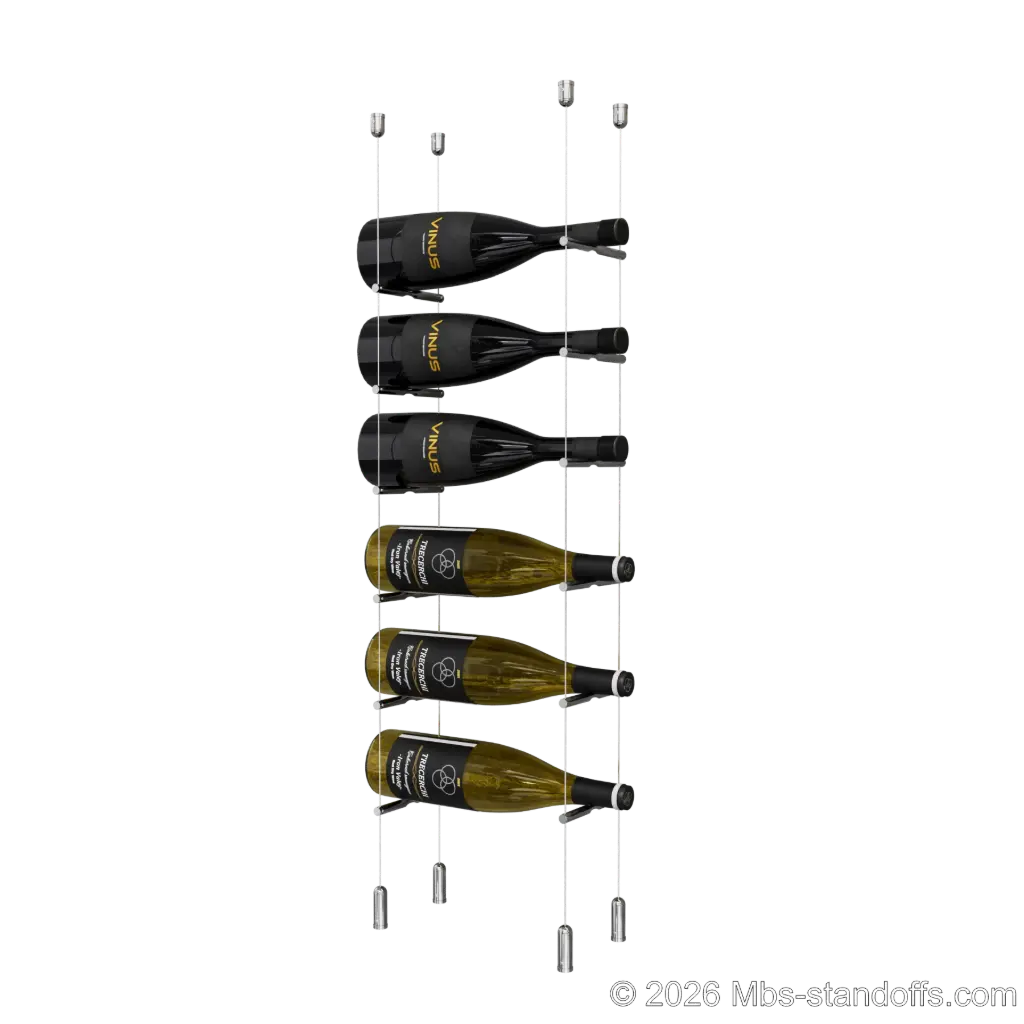 Merlot - Napa Collection Bottle Display Peg Kit, 6-Bottle Capacity, Floating Cable System, Pegs: 1/2″ × 6" with Chrome Mirror Finish