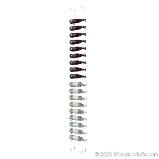 [ACG1904CP-PCW1050CP-K18] Merlot - Napa Collection Bottle Display Peg Kit, 18-Bottle Capacity, Floating Cable System, Pegs: 1/2″ × 6" with Chrome Mirror Finish