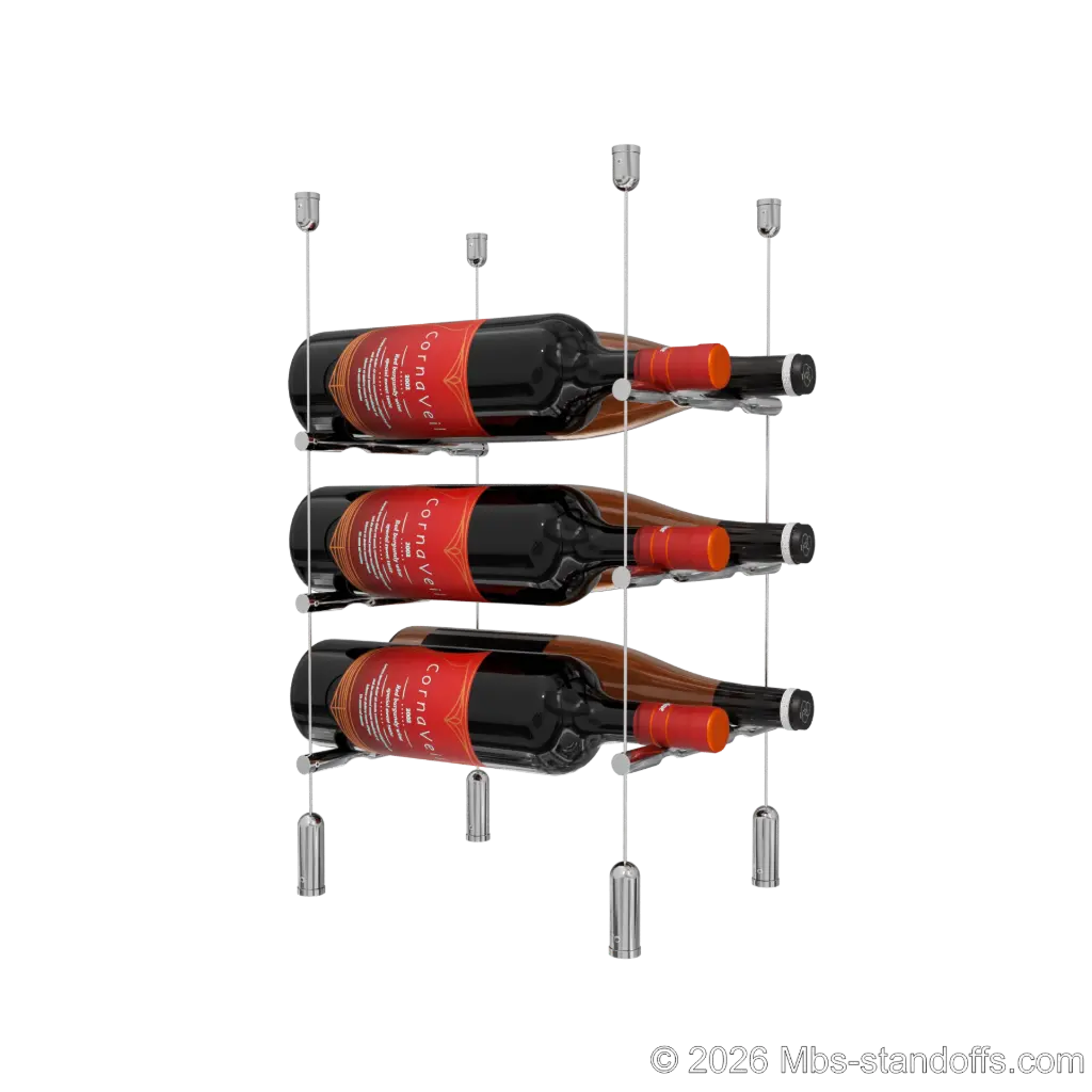 Merlot - Napa Collection Bottle Display Peg Kit, 6-Bottle (2x3) Capacity, Floating Cable System, Pegs: 1/2″ × 7-1/2" with Chrome Mirror Finish
