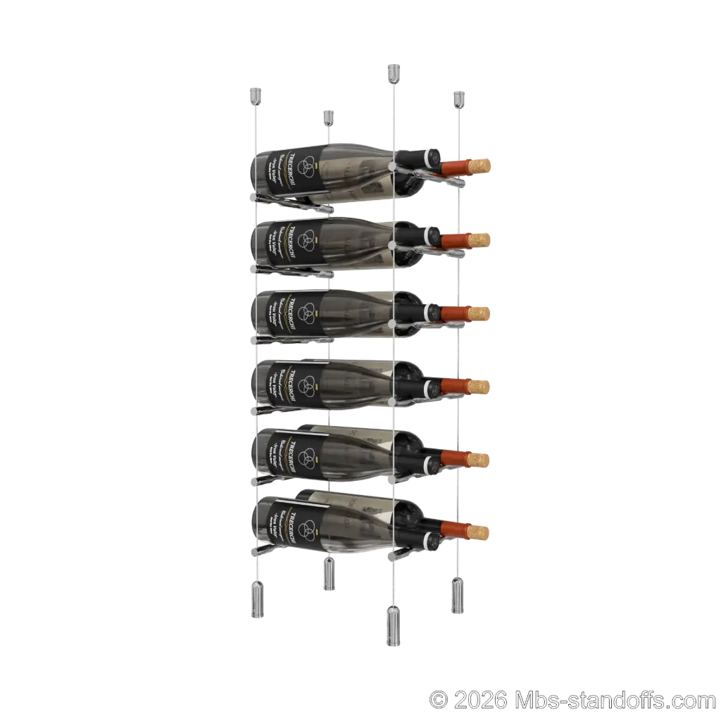 Merlot - Napa Collection Bottle Display Peg Kit, 12-Bottle (2x6) Capacity, Floating Cable System, Pegs: 1/2″ × 7-1/2" with Chrome Mirror Finish