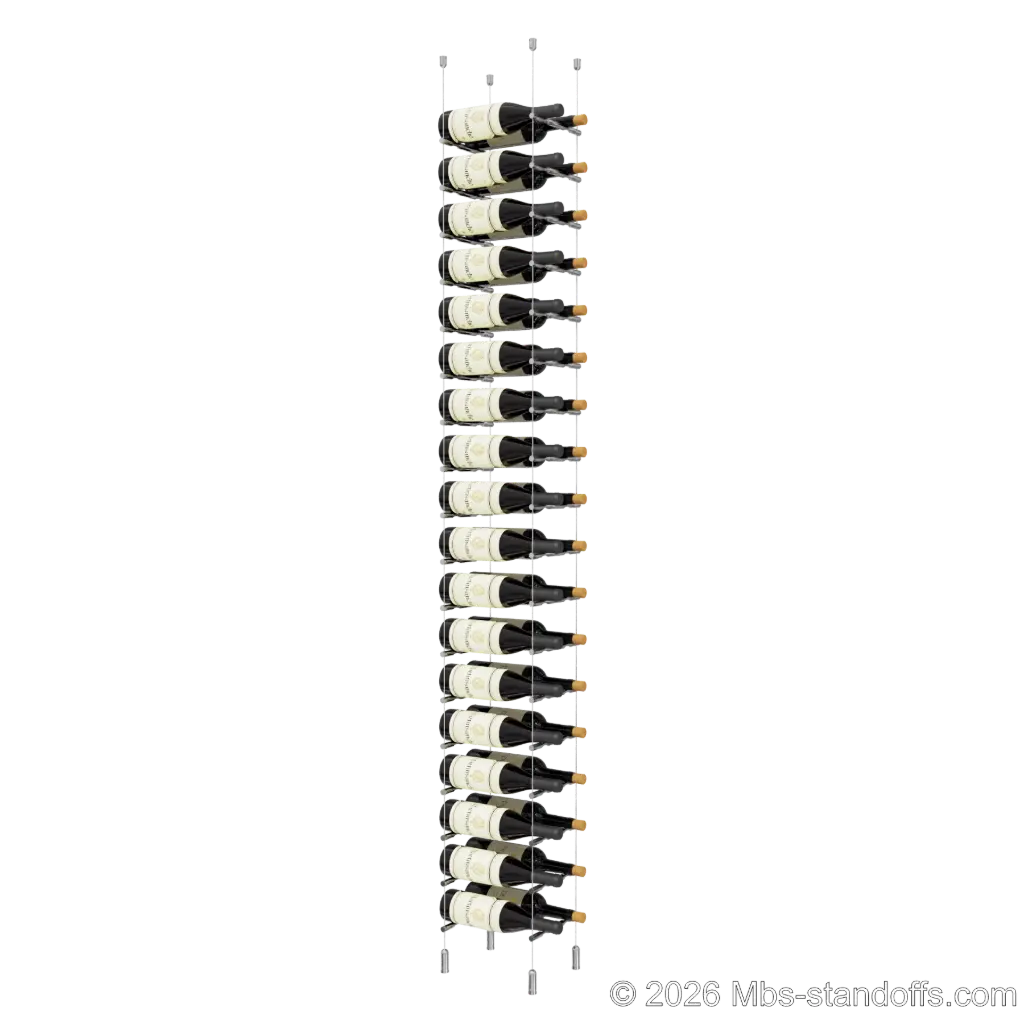Merlot - Napa Collection Bottle Display Peg Kit, 36-Bottle (2x18) Capacity, Floating Cable System, Pegs: 1/2″ × 7-1/2" with Chrome Mirror Finish