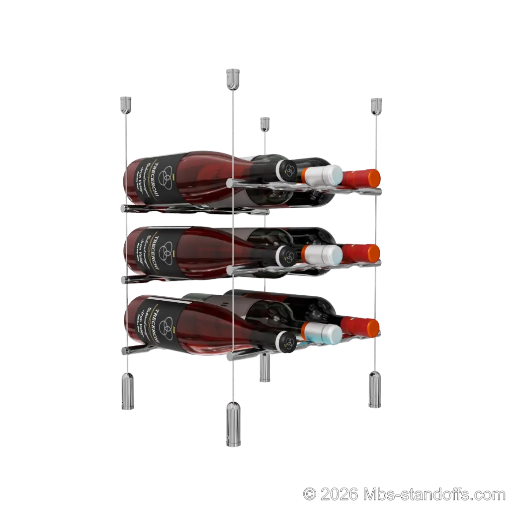 Merlot - Napa Collection Bottle Display Peg Kit, 9-Bottle (3x3) Capacity, Floating Cable System, Pegs: 1/2″ × 11-1/2" with Chrome Mirror Finish