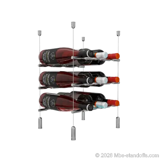 [ACG1904CP-PCW3050CP-K3] Merlot - Napa Collection Bottle Display Peg Kit, 9-Bottle (3x3) Capacity, Floating Cable System, Pegs: 1/2″ × 11-1/2" with Chrome Mirror Finish