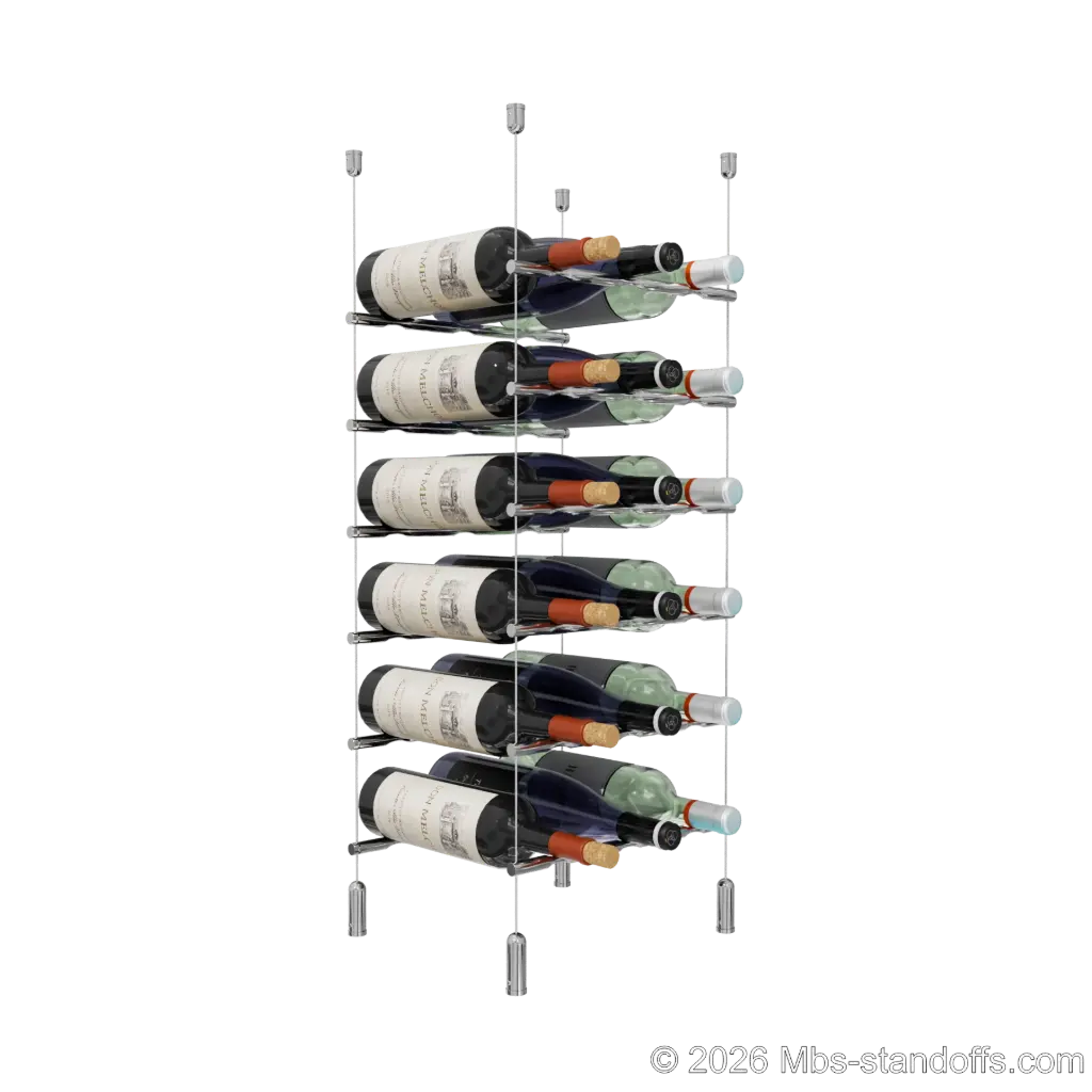 Merlot - Napa Collection Bottle Display Peg Kit, 18-Bottle (3x6) Capacity, Floating Cable System, Pegs: 1/2″ × 11-1/2" with Chrome Mirror Finish