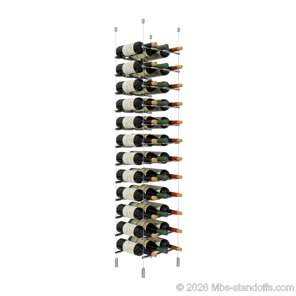 Merlot - Napa Collection Bottle Display Peg Kit, 36-Bottle (3x12) Capacity, Floating Cable System, Pegs: 1/2″ × 11-1/2" with Chrome Mirror Finish