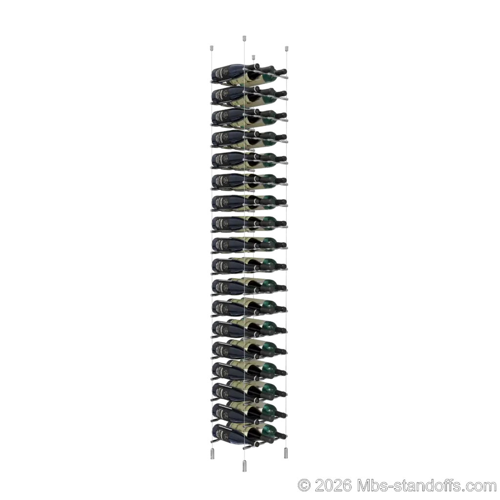 Merlot - Napa Collection Bottle Display Peg Kit, 54-Bottle (3x18) Capacity, Floating Cable System, Pegs: 1/2″ × 11-1/2" with Chrome Mirror Finish