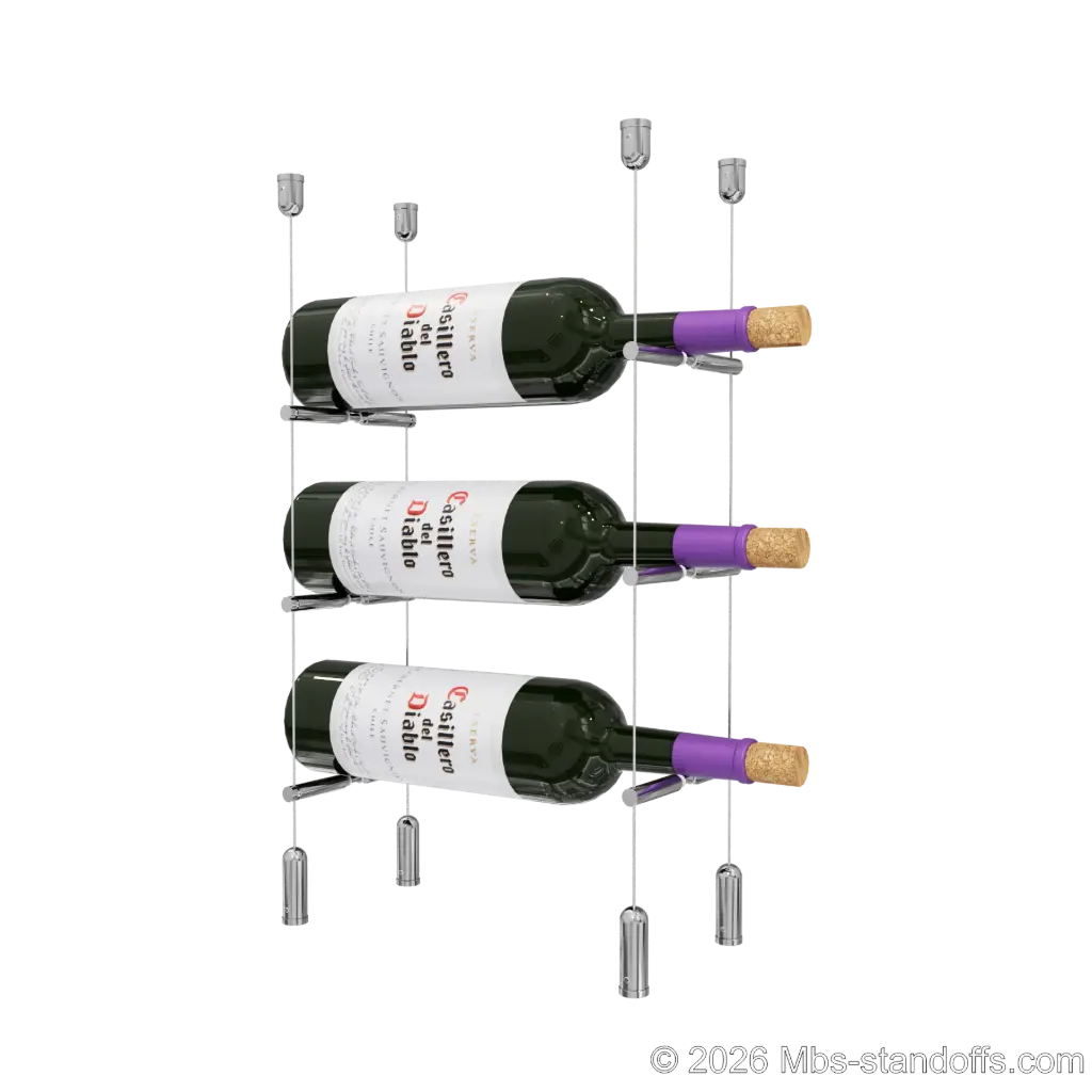 Merlot - Napa Collection Bottle Display Peg Kit With "O" Ring, 3-Bottle Capacity, Floating Cable System, Pegs: 1/2″ × 6" with Chrome Mirror Finish