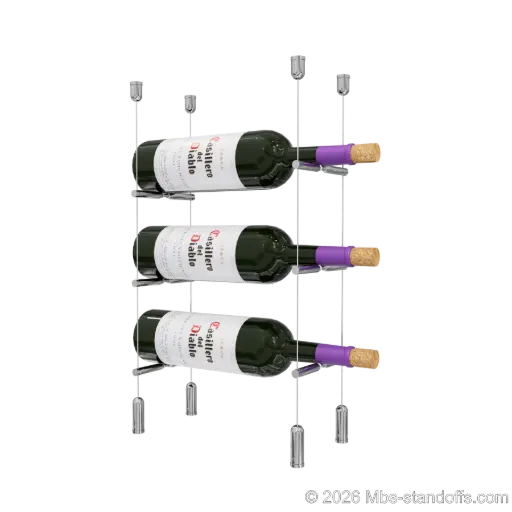 [ACG1904CP-PCWR1050CP-K3] Merlot - Napa Collection Bottle Display Peg Kit With "O" Ring, 3-Bottle Capacity, Floating Cable System, Pegs: 1/2″ × 6" with Chrome Mirror Finish