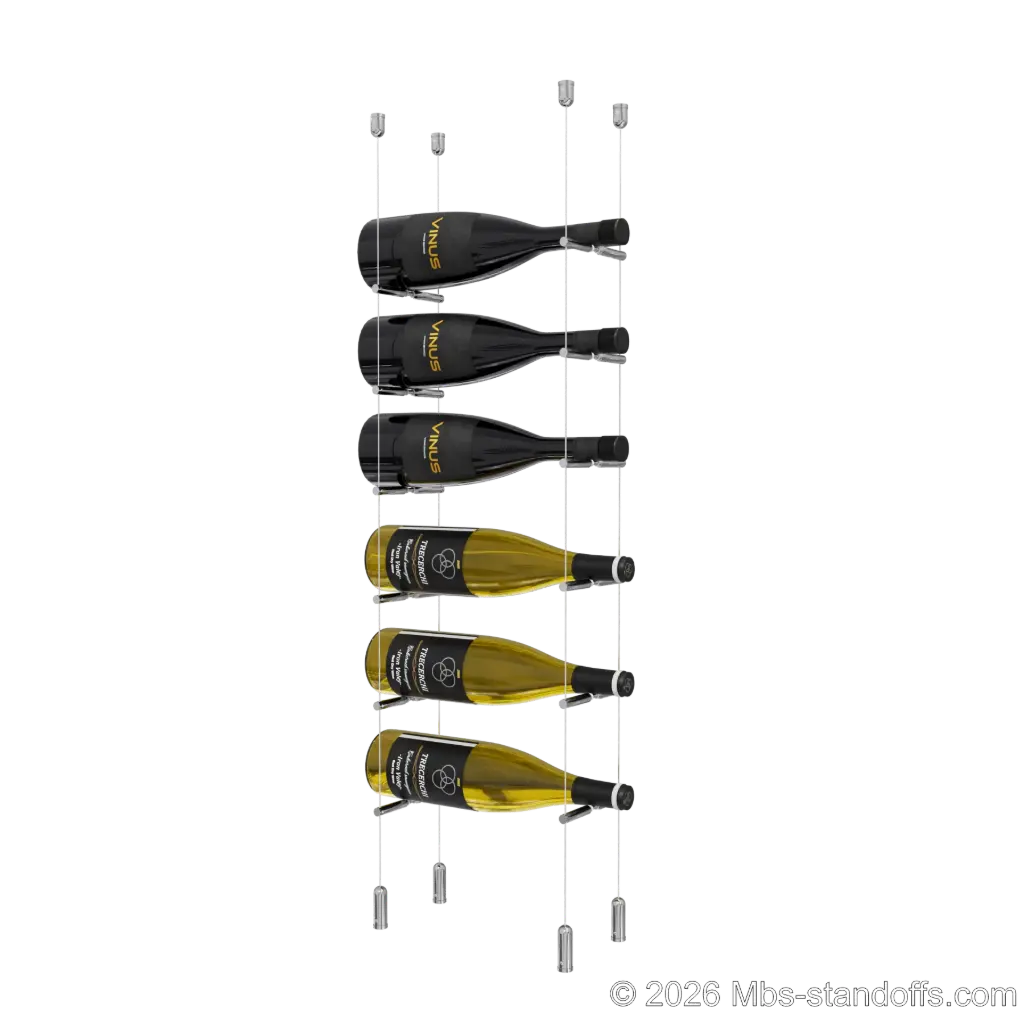Merlot - Napa Collection Bottle Display Peg Kit With "O" Ring, 6-Bottle Capacity, Floating Cable System, Pegs: 1/2″ × 6" with Chrome Mirror Finish