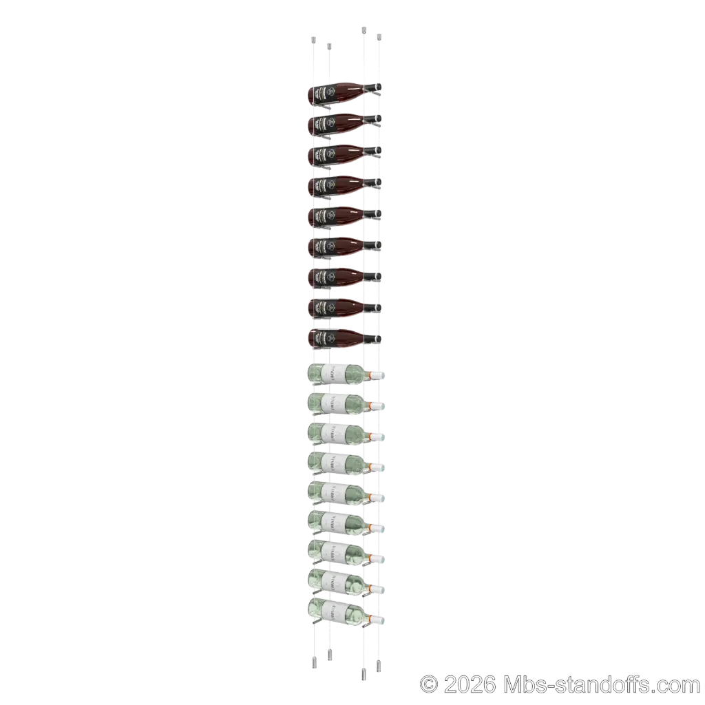 Merlot - Napa Collection Bottle Display Peg Kit With "O" Ring, 18-Bottle Capacity, Floating Cable System, Pegs: 1/2″ × 6" with Chrome Mirror Finish