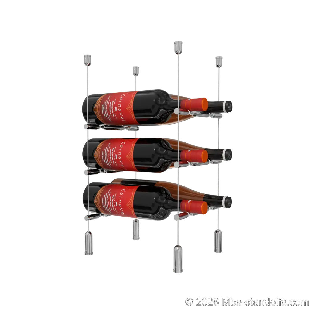 Merlot - Napa Collection Bottle Display Peg Kit With "O" Ring, 6-Bottle (2x3) Capacity, Floating Cable System, Pegs: 1/2″ × 7-1/2" with Chrome Mirror Finish
