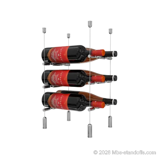 [ACG1904CP-PCWR2050CP-K3] Merlot - Napa Collection Bottle Display Peg Kit With "O" Ring, 6-Bottle (2x3) Capacity, Floating Cable System, Pegs: 1/2″ × 7-1/2" with Chrome Mirror Finish