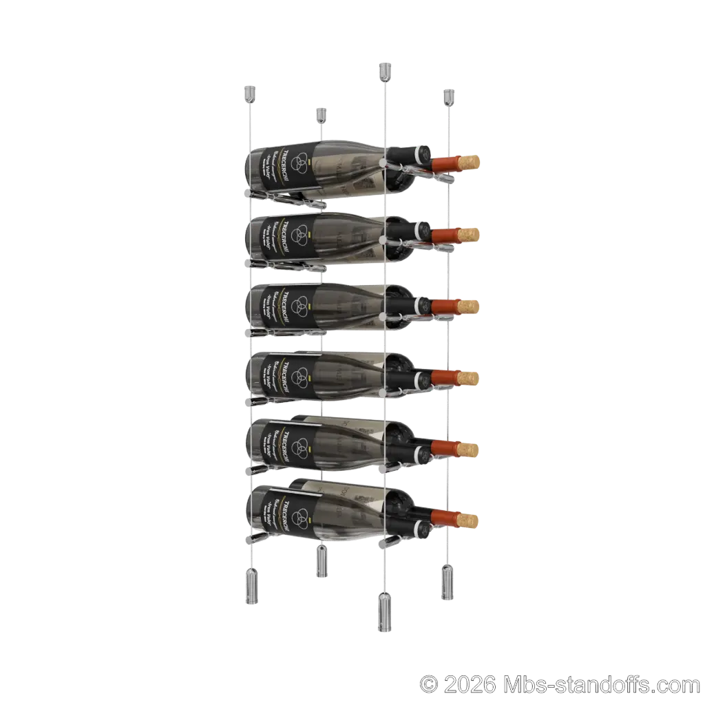 Merlot - Napa Collection Bottle Display Peg Kit With "O" Ring, 12-Bottle (2x6) Capacity, Floating Cable System, Pegs: 1/2″ × 7-1/2" with Chrome Mirror Finish