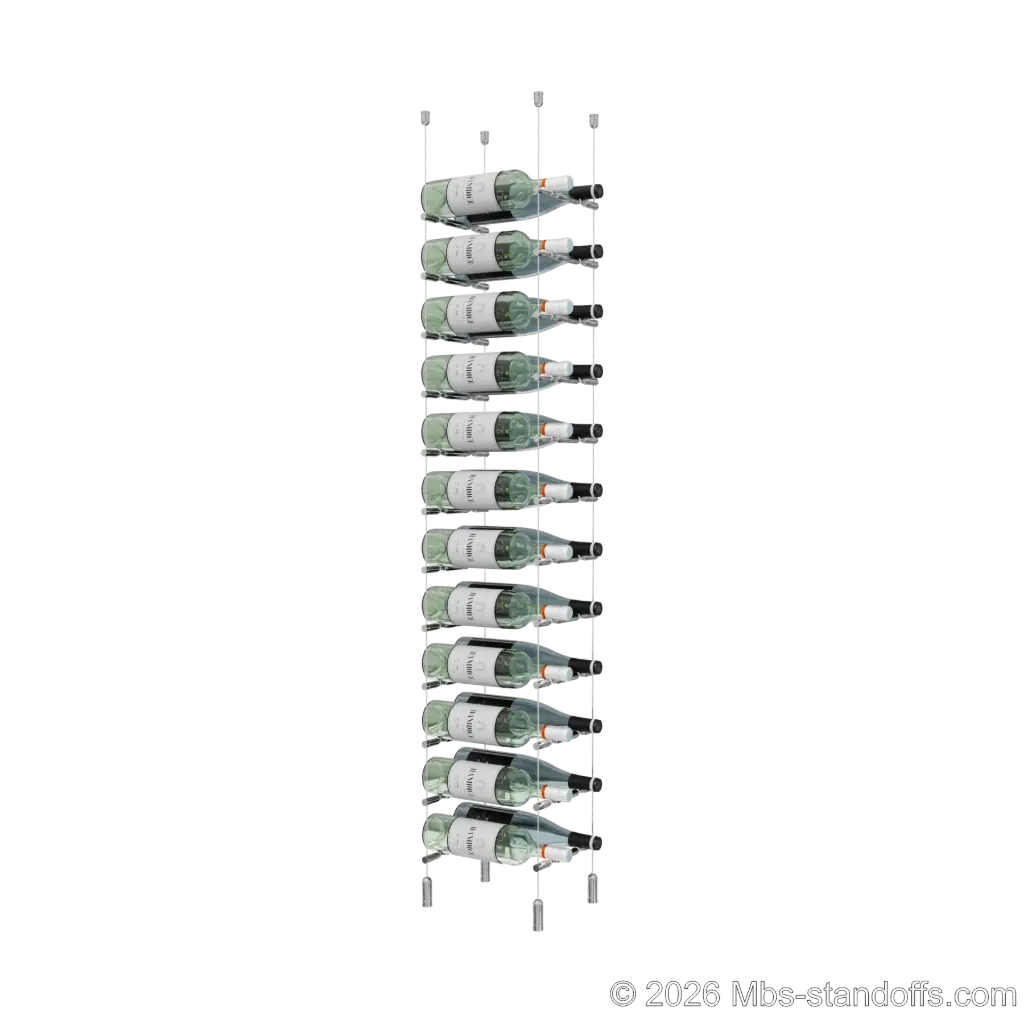 Merlot - Napa Collection Bottle Display Peg Kit With "O" Ring, 24-Bottle (2x12) Capacity, Floating Cable System, Pegs: 1/2″ × 7-1/2" with Chrome Mirror Finish