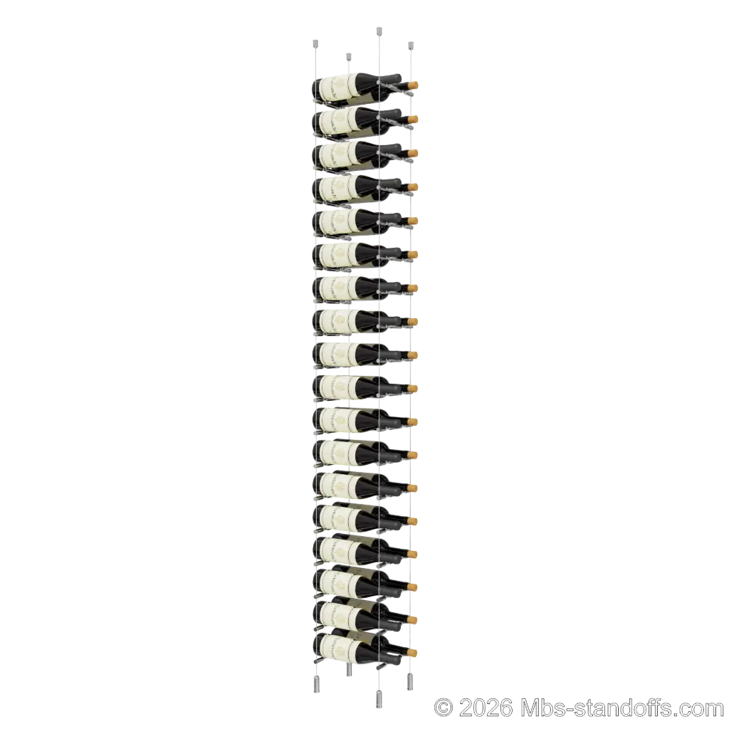 Merlot - Napa Collection Bottle Display Peg Kit With "O" Ring, 36-Bottle (2x18) Capacity, Floating Cable System, Pegs: 1/2″ × 7-1/2" with Chrome Mirror Finish