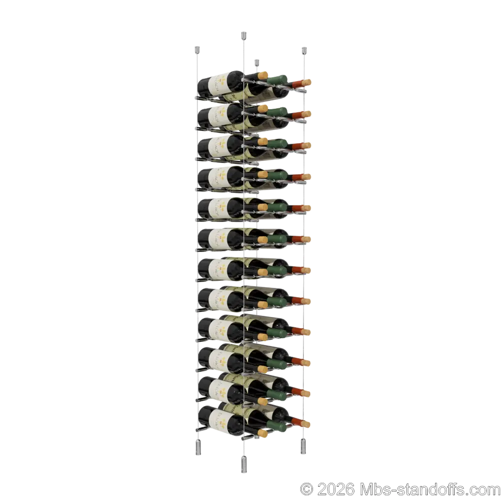 Merlot - Napa Collection Bottle Display Peg Kit With "O" Ring, 36-Bottle (3x12) Capacity, Floating Cable System, Pegs: 1/2″ × 11-1/2" with Chrome Mirror Finish