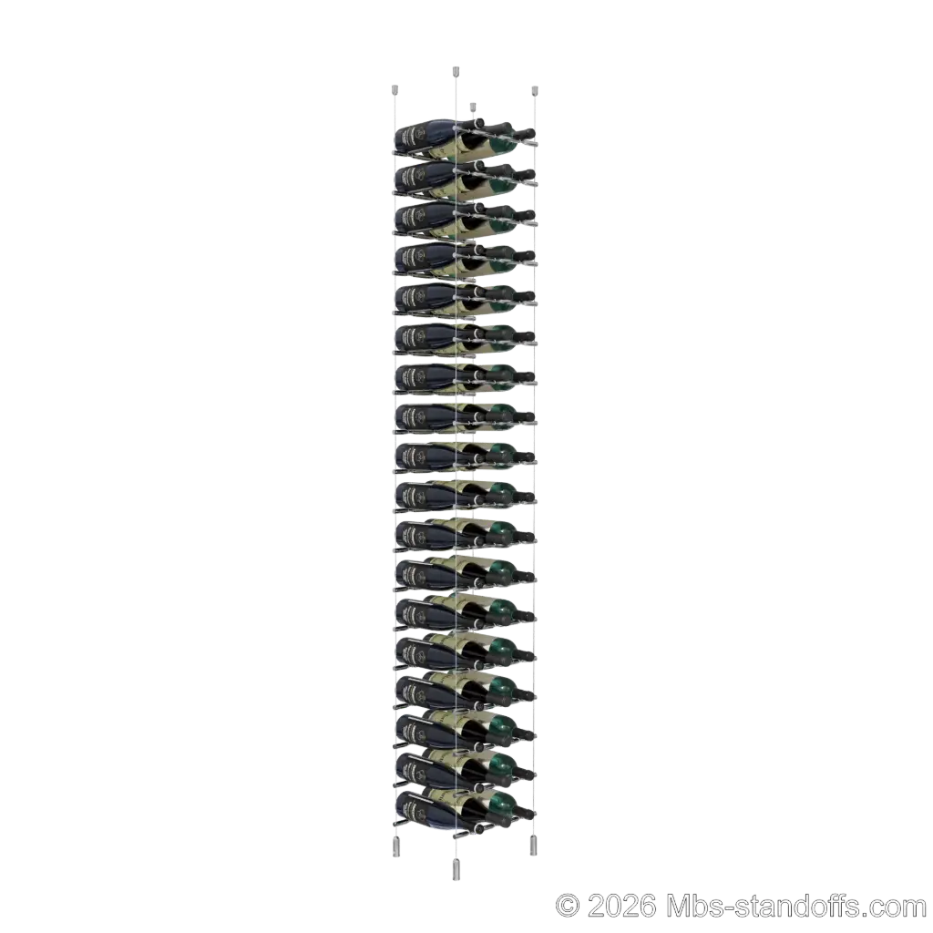Merlot - Napa Collection Bottle Display Peg Kit With "O" Ring, 54-Bottle (3x18) Capacity, Floating Cable System, Pegs: 1/2″ × 11-1/2" with Chrome Mirror Finish