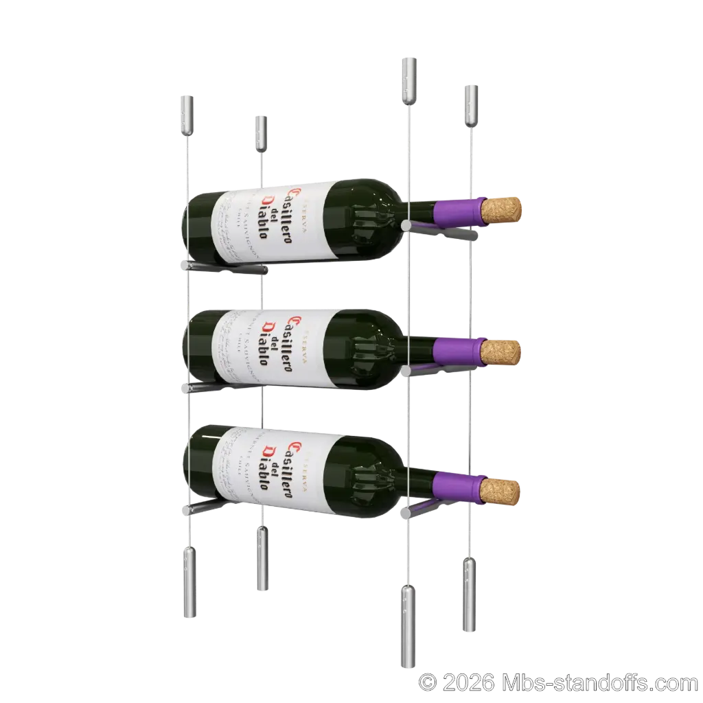 Merlot - Napa Collection Bottle Display Peg Kit, 3-Bottle Capacity, Floating Cable System, Pegs: 1/2″ × 6" with Satin Brushed Finish