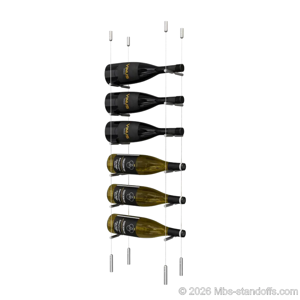 Merlot - Napa Collection Bottle Display Peg Kit, 6-Bottle Capacity, Floating Cable System, Pegs: 1/2″ × 6" with Satin Brushed Finish