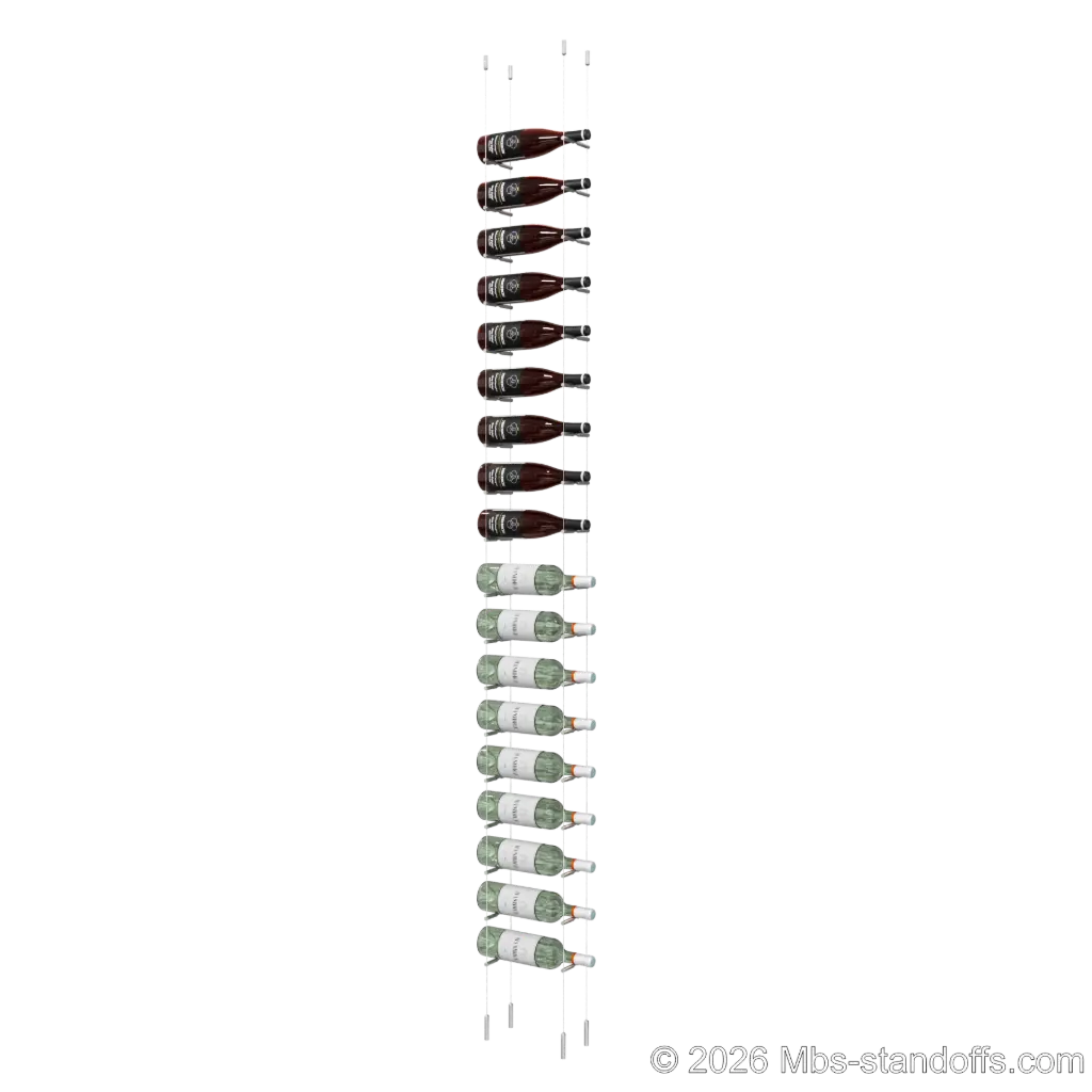 Merlot - Napa Collection Bottle Display Peg Kit, 18-Bottle Capacity, Floating Cable System, Pegs: 1/2″ × 6" with Satin Brushed Finish