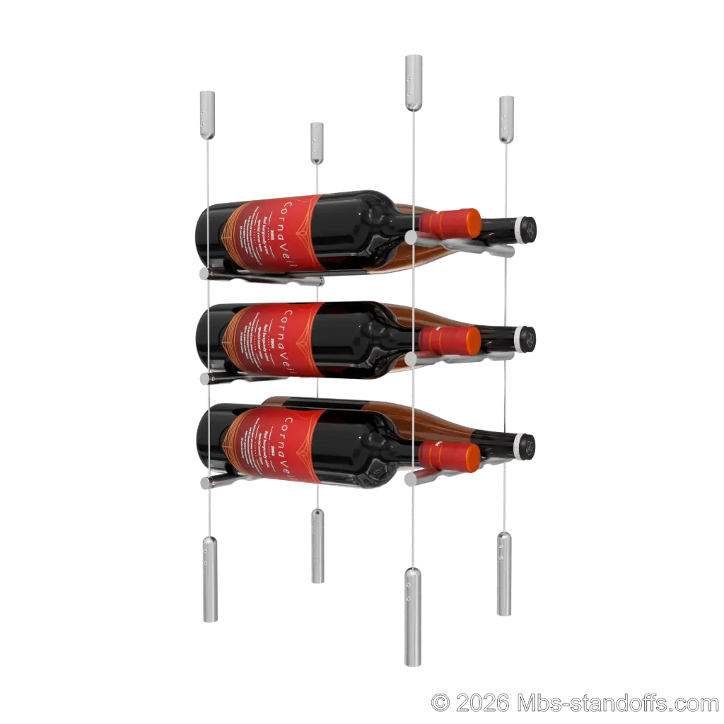 Merlot - Napa Collection Bottle Display Peg Kit, 6-Bottle (2x3) Capacity, Floating Cable System, Pegs: 1/2″ × 7-1/2" with Satin Brushed Finish