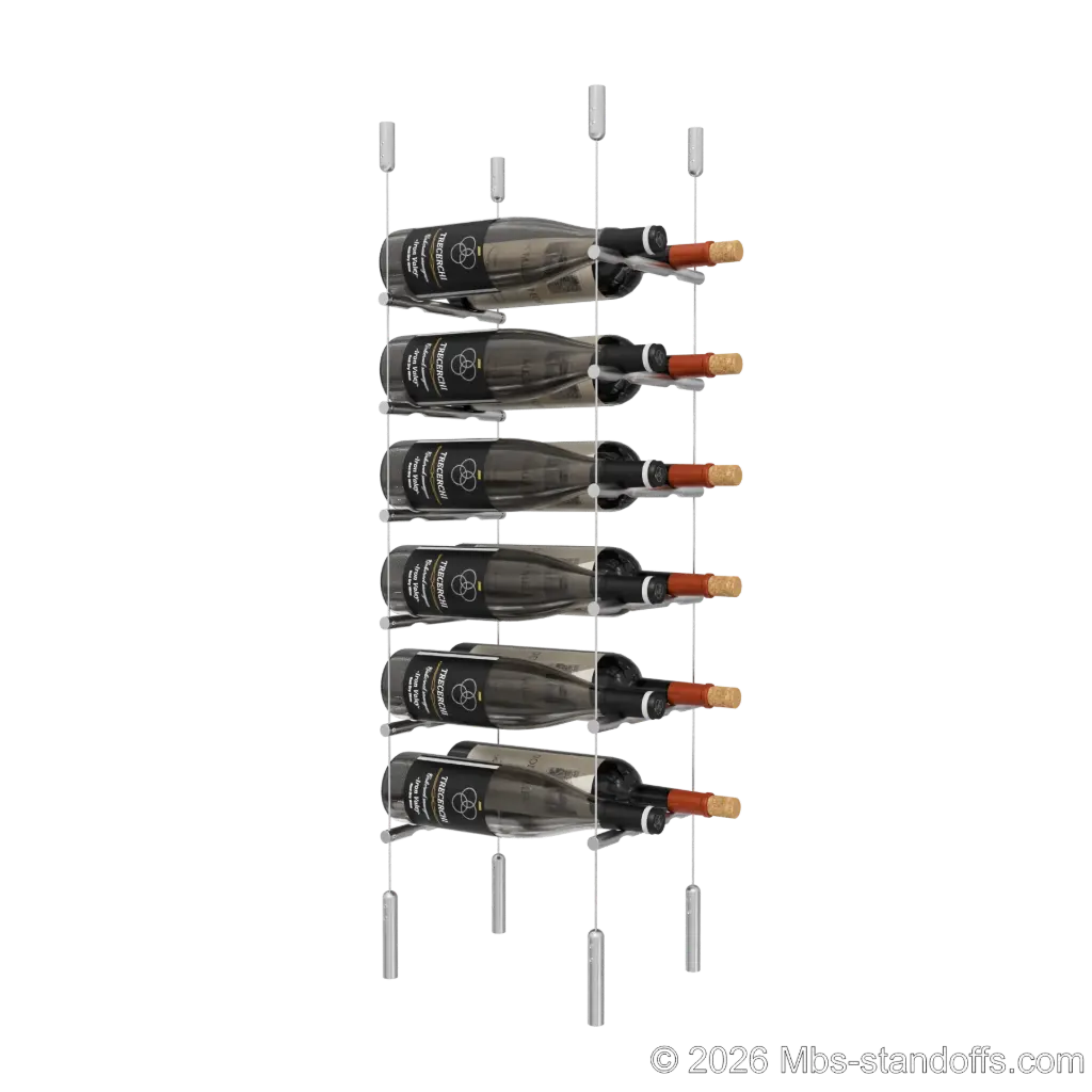 Merlot - Napa Collection Bottle Display Peg Kit, 12-Bottle (2x6) Capacity, Floating Cable System, Pegs: 1/2″ × 7-1/2" with Satin Brushed Finish