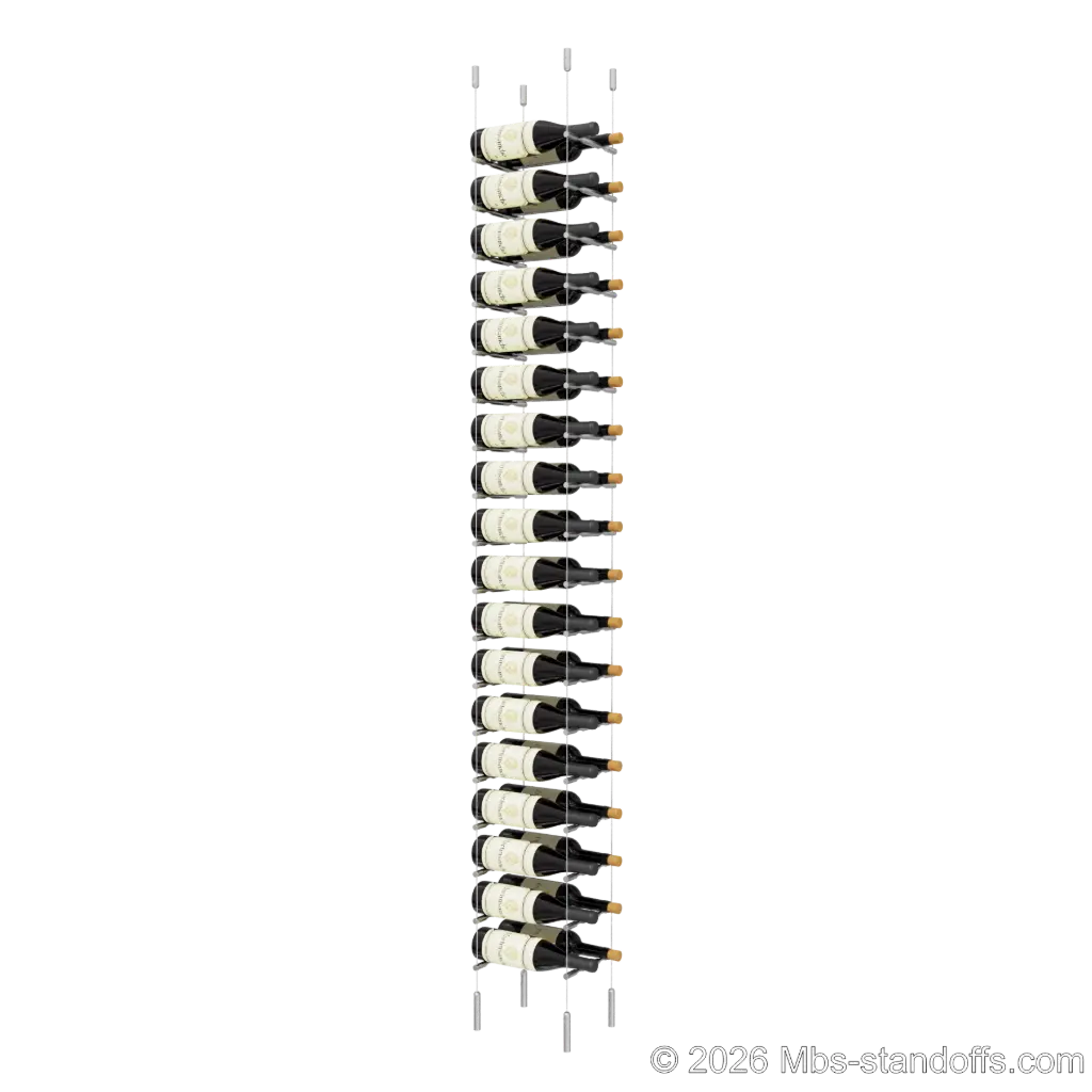 Merlot - Napa Collection Bottle Display Peg Kit, 36-Bottle (2x18) Capacity, Floating Cable System, Pegs: 1/2″ × 7-1/2" with Satin Brushed Finish