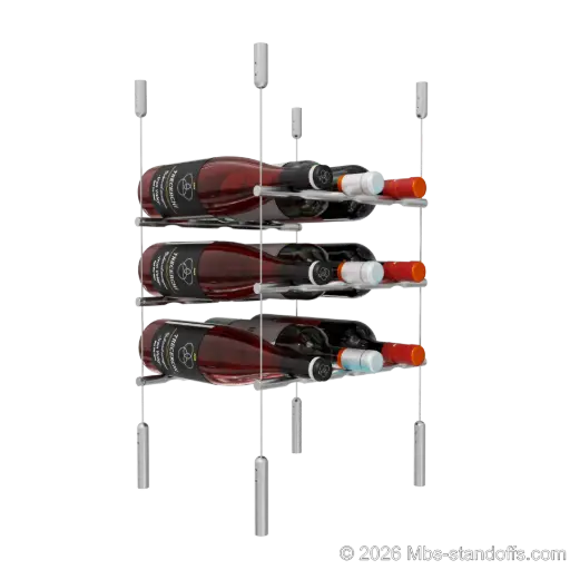[SCG1904-PCW3050S-K3] Merlot - Napa Collection Bottle Display Peg Kit, 9-Bottle (3x3) Capacity, Floating Cable System, Pegs: 1/2″ × 11-1/2" with Satin Brushed Finish