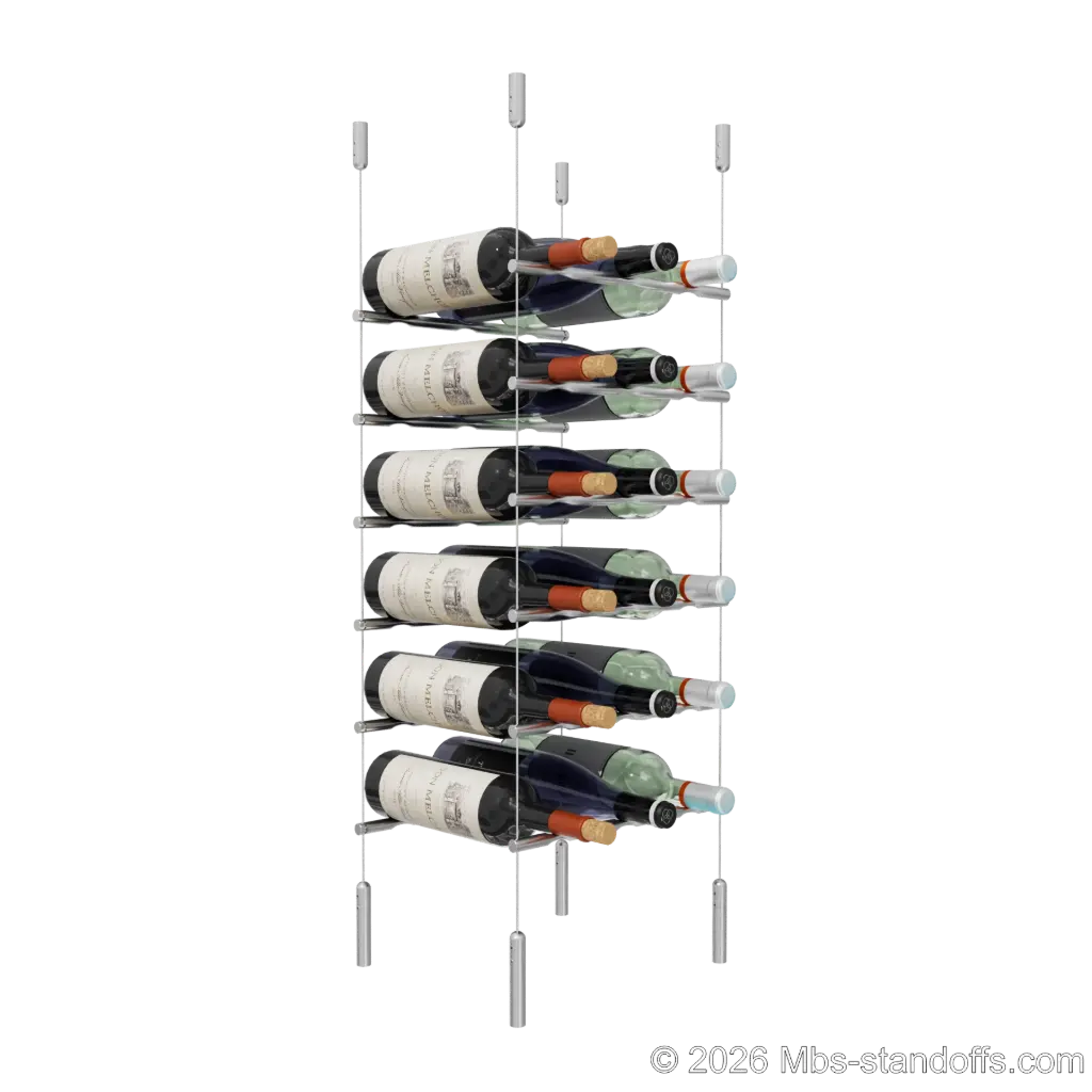 Merlot - Napa Collection Bottle Display Peg Kit, 18-Bottle (3x6) Capacity, Floating Cable System, Pegs: 1/2″ × 11-1/2" with Satin Brushed Finish