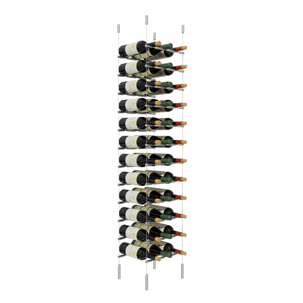 Merlot - Napa Collection Bottle Display Peg Kit, 36-Bottle (3x12) Capacity, Floating Cable System, Pegs: 1/2″ × 11-1/2" with Satin Brushed Finish
