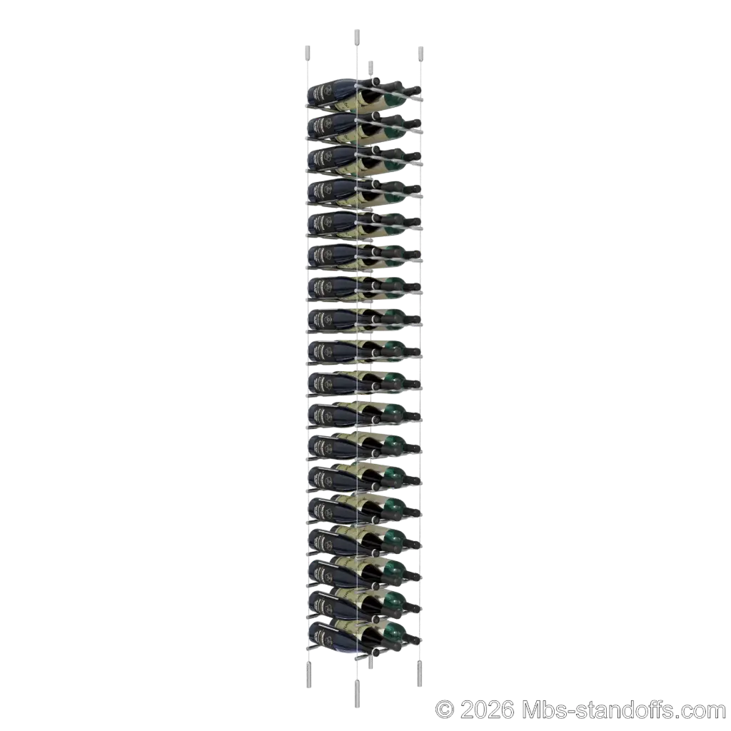 Merlot - Napa Collection Bottle Display Peg Kit, 54-Bottle (3x18) Capacity, Floating Cable System, Pegs: 1/2″ × 11-1/2" with Satin Brushed Finish
