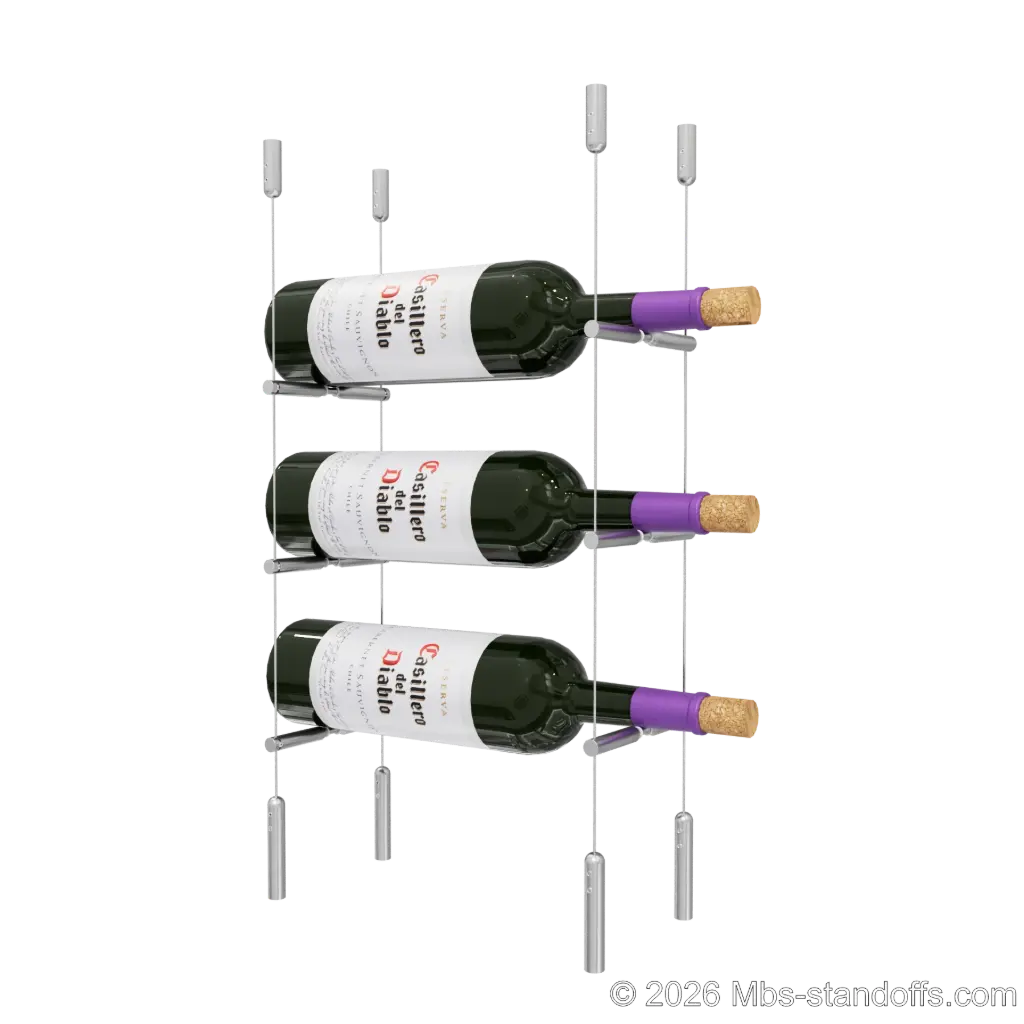 Merlot - Napa Collection Bottle Display Peg Kit With "O" Ring, 3-Bottle Capacity, Floating Cable System, Pegs: 1/2″ × 6" with Satin Brushed Finish