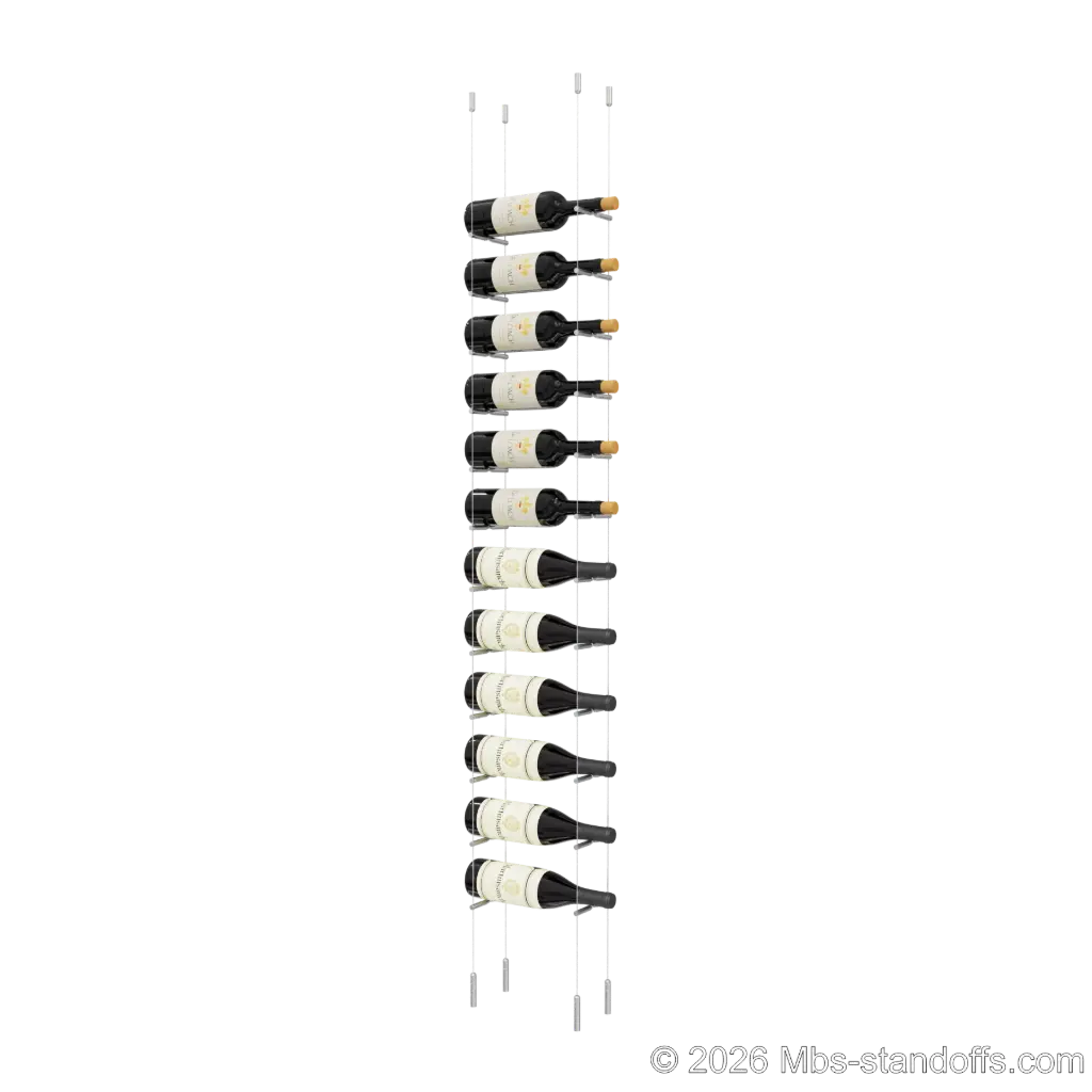 Merlot - Napa Collection Bottle Display Peg Kit With "O" Ring, 12-Bottle Capacity, Floating Cable System, Pegs: 1/2″ × 6" with Satin Brushed Finish