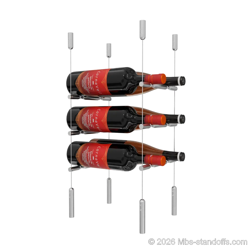 Merlot - Napa Collection Bottle Display Peg Kit With "O" Ring, 6-Bottle (2x3) Capacity, Floating Cable System, Pegs: 1/2″ × 7-1/2" with Satin Brushed Finish