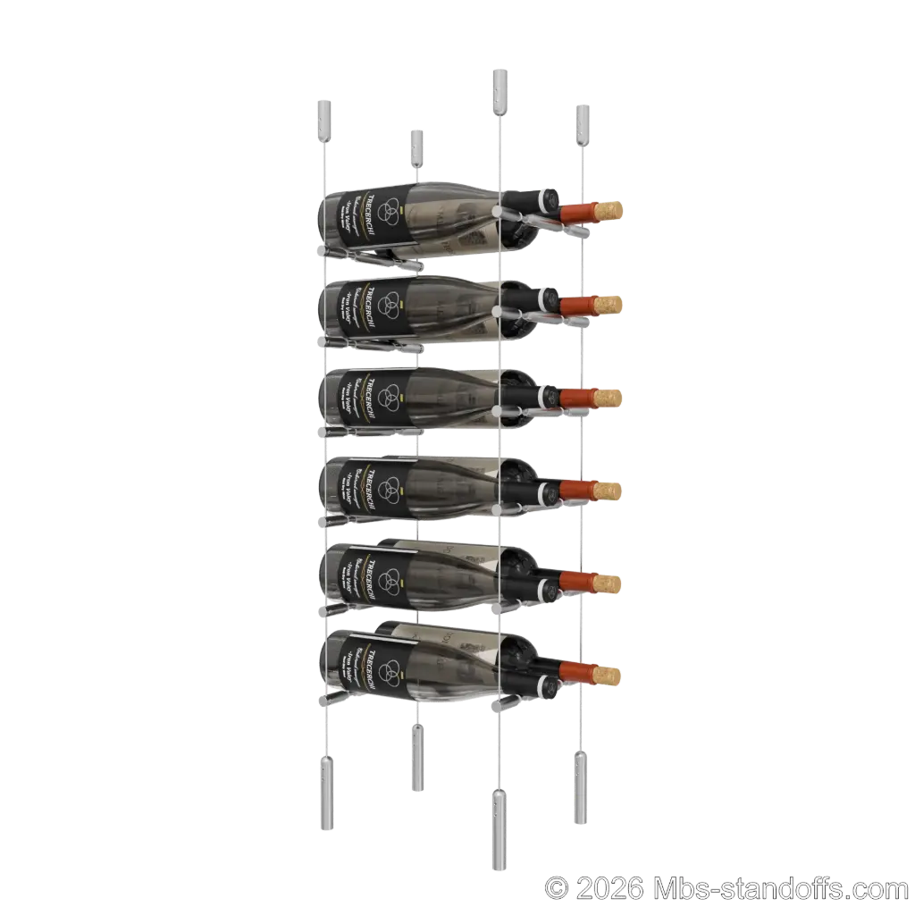 Merlot - Napa Collection Bottle Display Peg Kit With "O" Ring, 12-Bottle (2x6) Capacity, Floating Cable System, Pegs: 1/2″ × 7-1/2" with Satin Brushed Finish