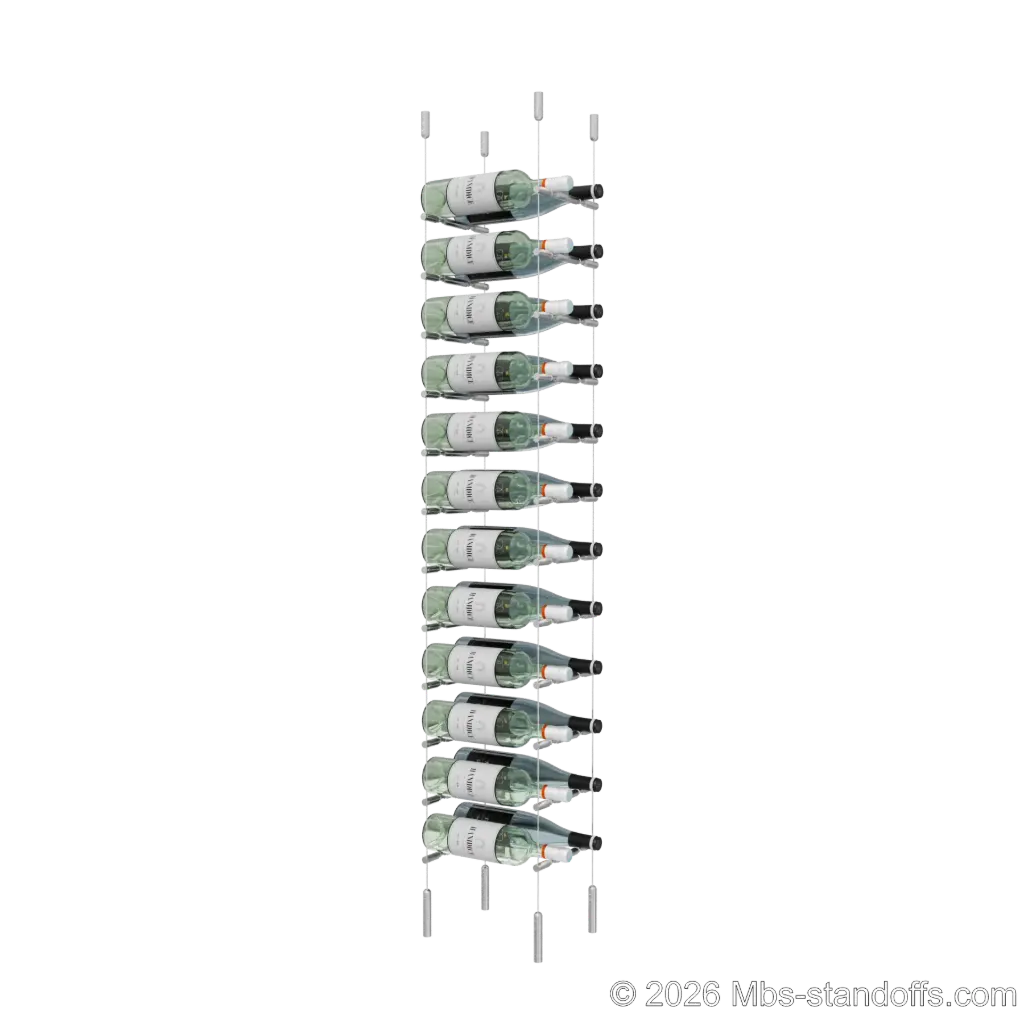 Merlot - Napa Collection Bottle Display Peg Kit With "O" Ring, 24-Bottle (2x12) Capacity, Floating Cable System, Pegs: 1/2″ × 7-1/2" with Satin Brushed Finish
