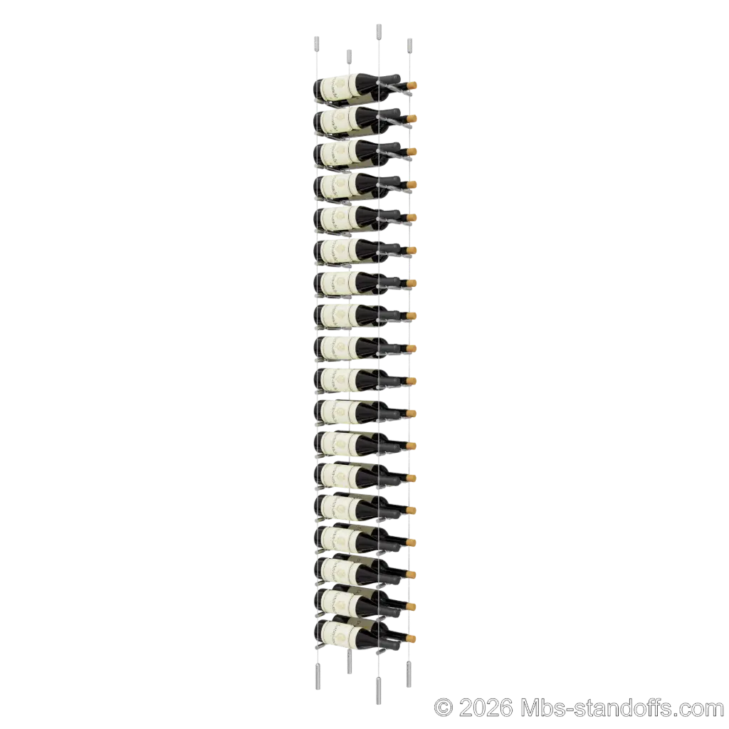 Merlot - Napa Collection Bottle Display Peg Kit With "O" Ring, 36-Bottle (2x18) Capacity, Floating Cable System, Pegs: 1/2″ × 7-1/2" with Satin Brushed Finish