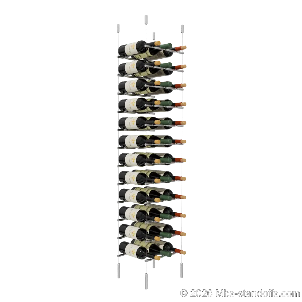 Merlot - Napa Collection Bottle Display Peg Kit With "O" Ring, 36-Bottle (3x12) Capacity, Floating Cable System, Pegs: 1/2″ × 11-1/2" with Satin Brushed Finish