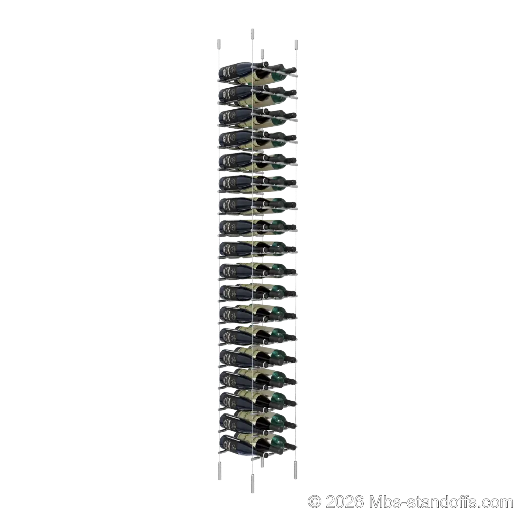 Merlot - Napa Collection Bottle Display Peg Kit With "O" Ring, 54-Bottle (3x18) Capacity, Floating Cable System, Pegs: 1/2″ × 11-1/2" with Satin Brushed Finish