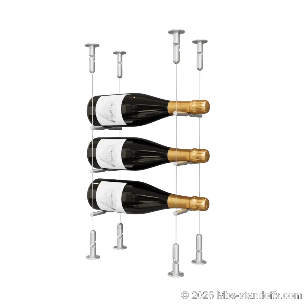 Merlot - Washington Collection Bottle Display Peg Kit, 3-Bottle Capacity, Floating Cable System, Pegs: 1/2″ × 6" with Clear Anodized Finish