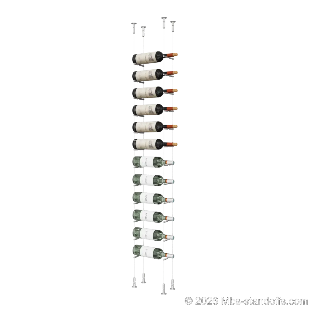 Merlot - Washington Collection Bottle Display Peg Kit, 12-Bottle Capacity, Floating Cable System, Pegs: 1/2″ × 6" with Clear Anodized Finish