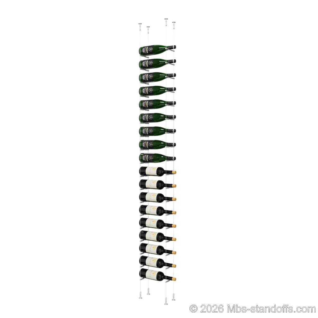 Merlot - Washington Collection Bottle Display Peg Kit, 18-Bottle Capacity, Floating Cable System, Pegs: 1/2″ × 6" with Clear Anodized Finish