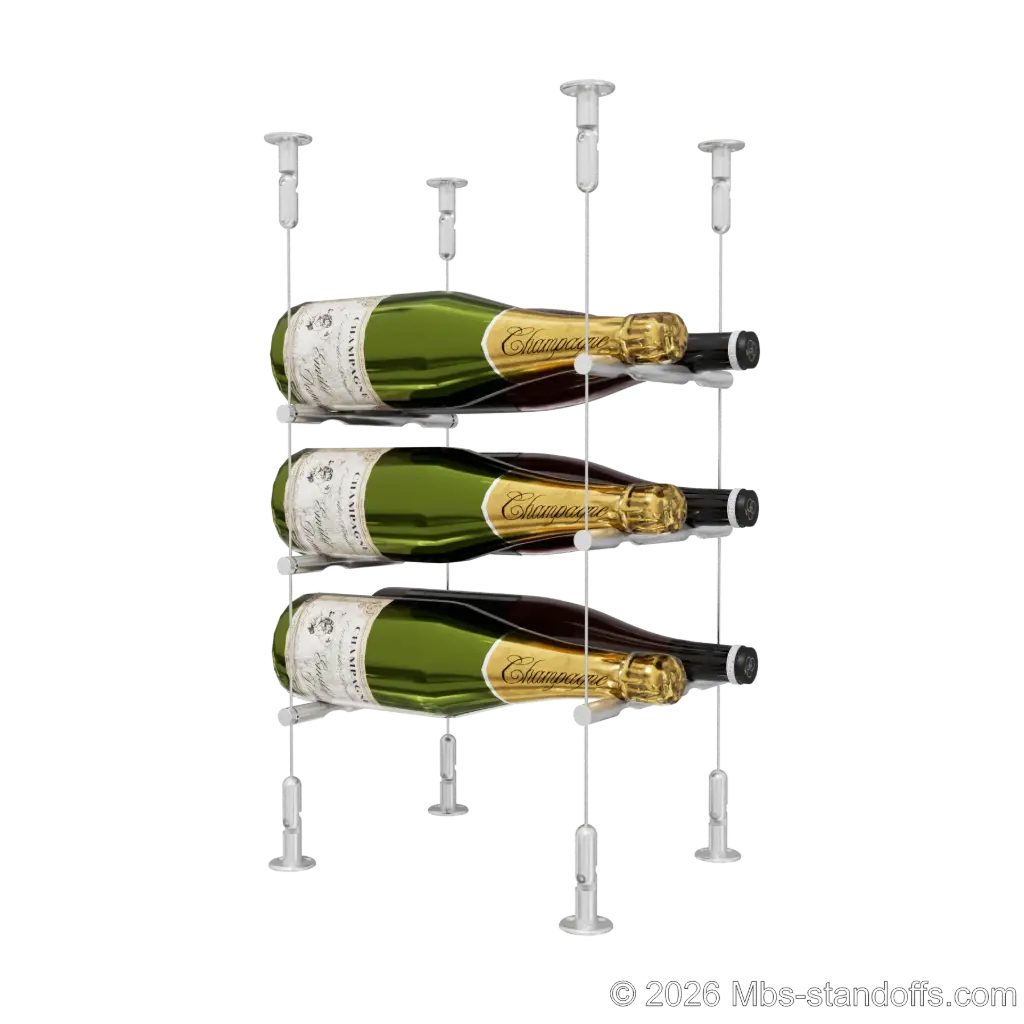 Merlot - Washington Collection Bottle Display Peg Kit, 6-Bottle (2x3) Capacity, Floating Cable System, Pegs: 1/2″ × 7-1/2" with Clear Anodized Finish