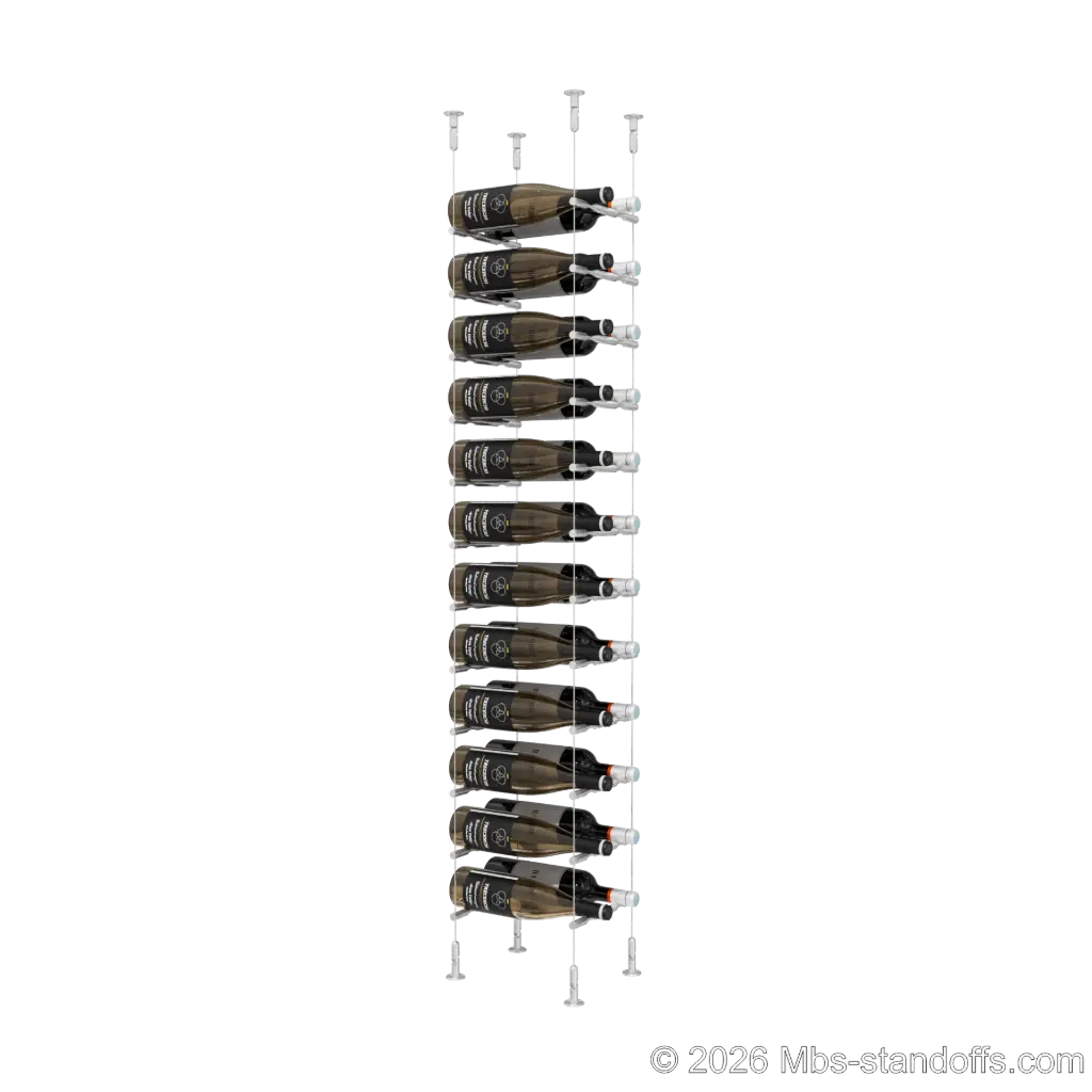 Merlot - Washington Collection Bottle Display Peg Kit, 24-Bottle (2x12) Capacity, Floating Cable System, Pegs: 1/2″ × 7-1/2" with Clear Anodized Finish