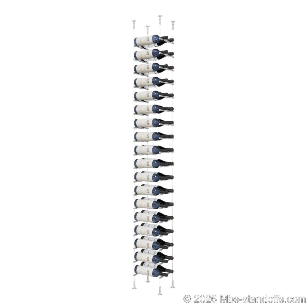 Merlot - Washington Collection Bottle Display Peg Kit, 36-Bottle (2x18) Capacity, Floating Cable System, Pegs: 1/2″ × 7-1/2" with Clear Anodized Finish