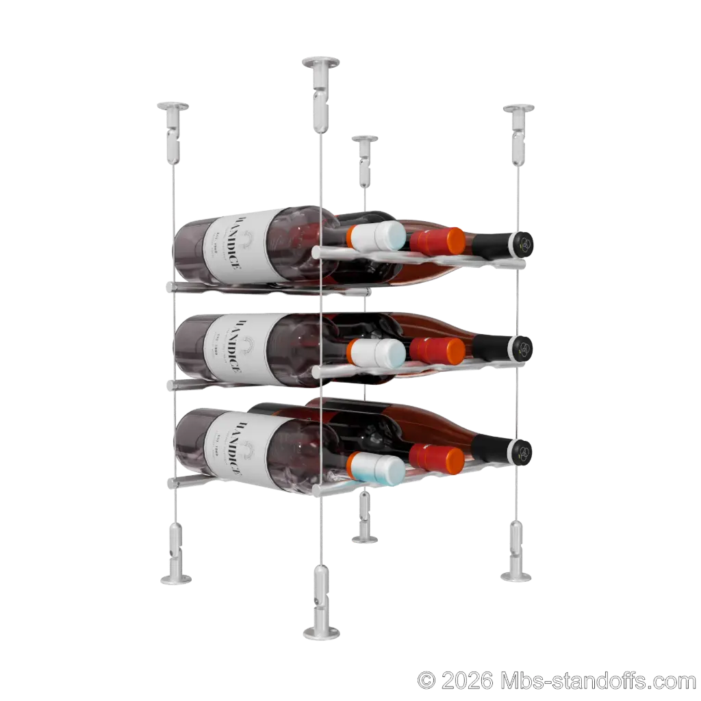 Merlot - Washington Collection Bottle Display Peg Kit, 9-Bottle (3x3) Capacity, Floating Cable System, Pegs: 1/2″ × 11-1/2" with Clear Anodized Finish